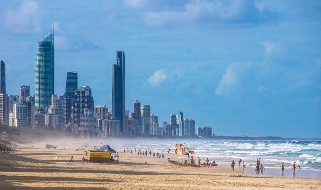 View of Gold Coast skyline from beach