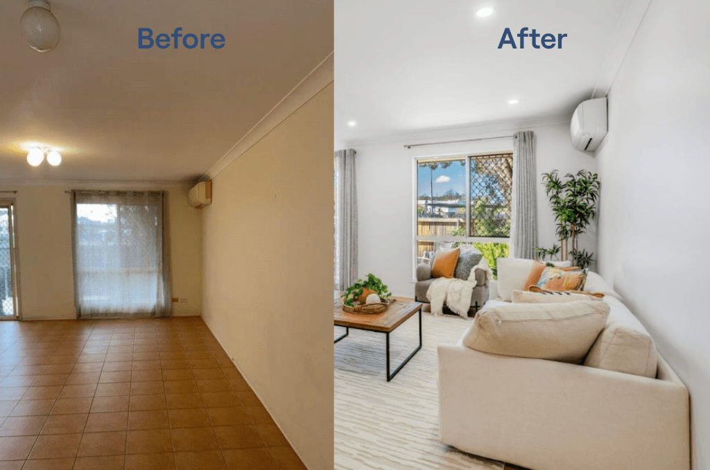 Before and after photos of a room renovation.